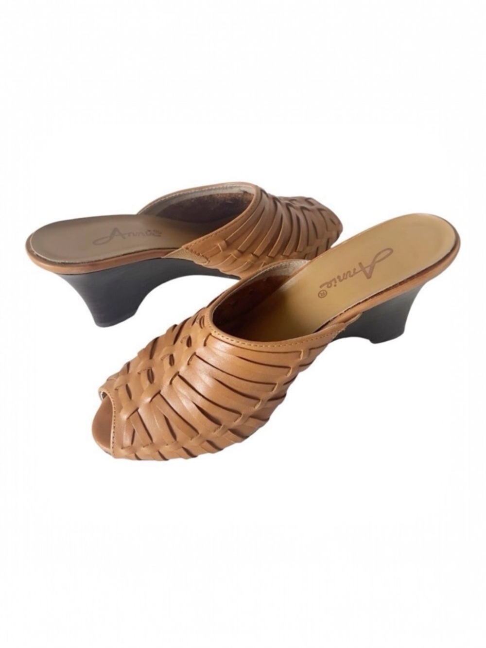 Annie Womens Open Toe Tan Leather Wedge Sandals Style 15041 Size 7 Narrow